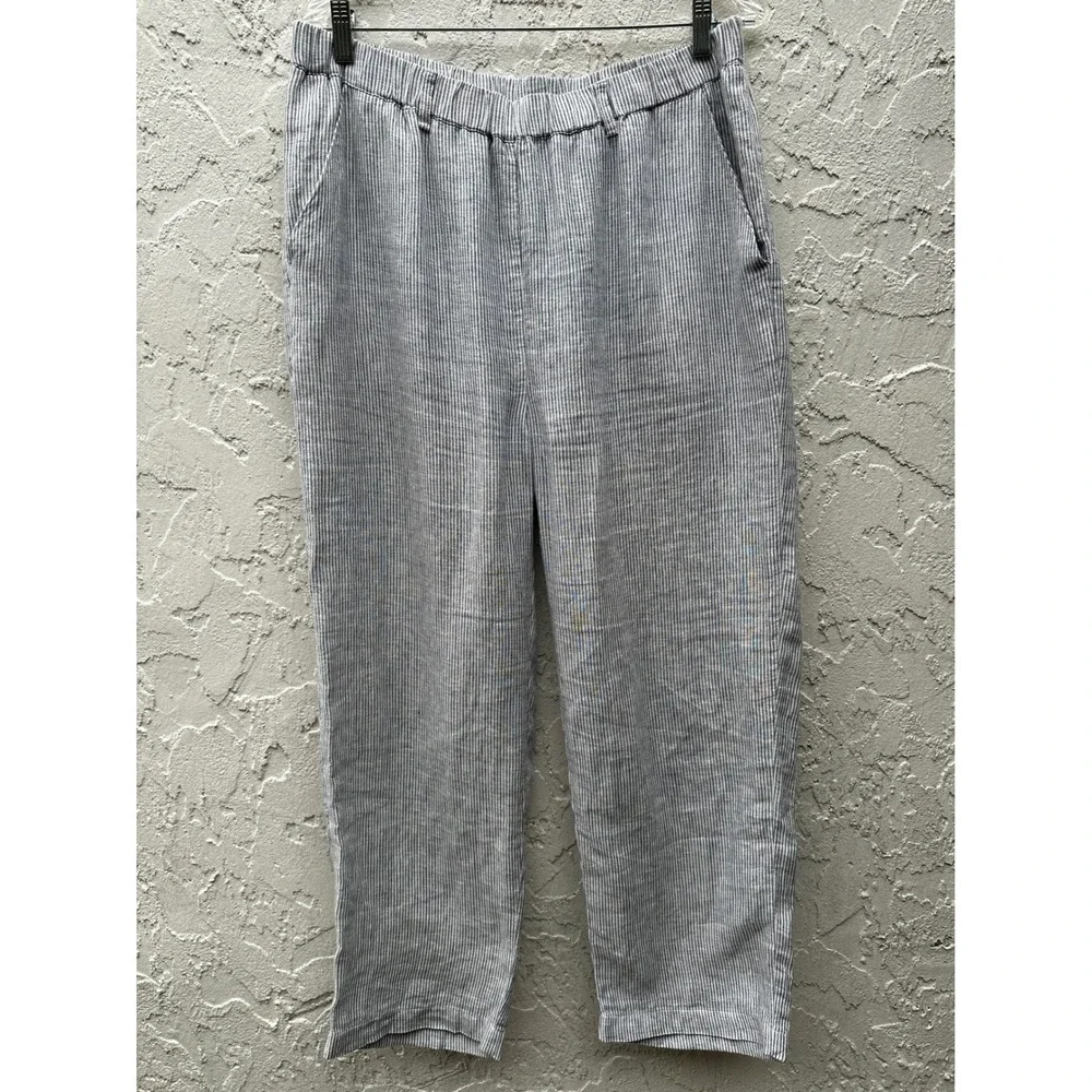 Quince 100% Linen Striped Pants Relaxed Straight LegPull On Large Lagenlook